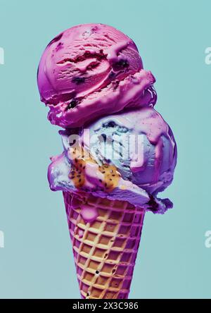 Zwei Messlöffel Blaubeereis auf oberem Eiskegel blauem Hintergrund isoliert Stockfoto