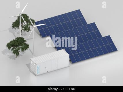 Containerisiertes Batteriespeichersystem und Solarmodul, Windturbine. Allgemeines Design. 3D-Rendering-Bild. Stockfoto