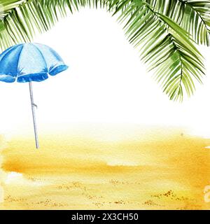 Aquarellillustration des Sommerthemas, blauer Sonnenschirm, Sonnenschirm auf Strandsand, weißer Hintergrund, grüne tropische Palmenblätter, Urlaub und Urlaub Stockfoto