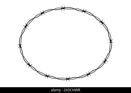Gedrehter Ring y2k mit Stacheldraht, Tätowierung mit rundem Rand, Rahmen aus gotischem, strukturiertem Stahl, spitze ovale Barriere, Silhouette isoliert auf weißem Hintergrund. Vektorabbildung Stock Vektor