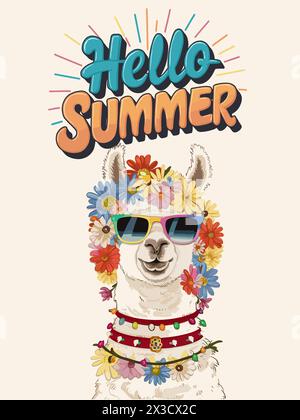 Ein farbenfrohes Lama mit Sonnenbrille und Blumen. Stock Vektor