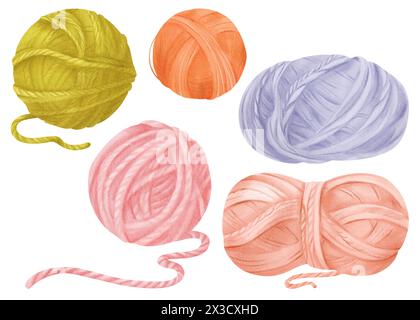 Aquarellset aus Strickgarnbällen. Isolierte Objekte mit Baumwoll- und Wollfäden in Orange, Grün, Blau und Rosa. Zum Basteln Stockfoto