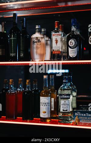 Curated Spirits Selection auf hinterleuchteten Barregalen. Warschau, Polen - 19. März 2024 Stockfoto