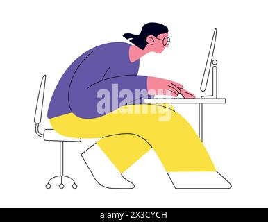 Vektorillustration einer Frau, die am Computer arbeitet. Starke Konzentration und Konzentration des Mädchens auf die Aufgabe. Das Bild eignet sich perfekt für Projekte im Zusammenhang mit dem Stock Vektor