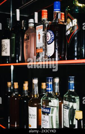 Curated Spirits Selection auf hinterleuchteten Barregalen. Warschau, Polen - 19. März 2024 Stockfoto
