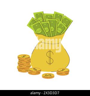 Eine gelbe Tüte mit einem Dollarzeichen, das voller Papiergeld ist. Stapel von Goldmünzen. Ein Symbol für Reichtum, Ersparnisse. Abbildung des flachen Vektors isoliert o Stock Vektor