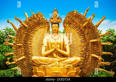 Viele Hände Bodhisattva oder Avaloketishvara Buddha viele Arme goldene Statue am Zehntausend Buddhas Kloster Tempel in Hongkong, China Stockfoto