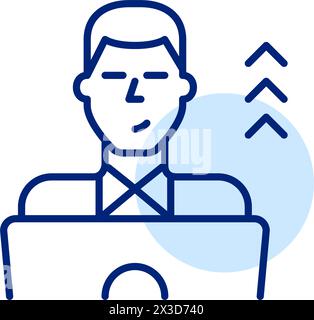 Lächelnder Mann auf Laptop und Pfeile nach oben. Erfolgreicher beruflicher Weg. Symbol für Pixelperfekte, bearbeitbare Kontur Stock Vektor