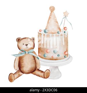 Aquarellzeichnung zum Geburtstag. Niedliche Karte mit Kuchen und Teddybär isoliert auf weißem Hintergrund. Clip-Art in neutralen Pastellfarben handgefertigt. Ideal für Stockfoto