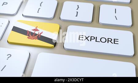 Brunei Country National Flag und Button mit Text Explore. 3D-Abbildung. Stockfoto