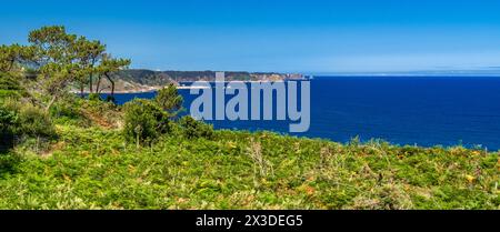 Meereslandschaft von Miradores Küstenpfad, Kantabrisches Meer, Natura-2000-Netz, Naturschutzgebiet, Muros de Nalón, Principado de Asturias, Spanien, Europa Stockfoto