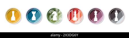 Logo Schachfiguren-Symbol-Set. Weißes Schachzeichen. Set mit stylischen Spielsymbolen. Farblogo Schachvektor. Vektorabbildung. Stock Vektor