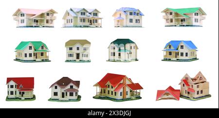 Collage von kleinen verschiedenen schönen Modellen von Cottages stehen isoliert auf weiß Stockfoto