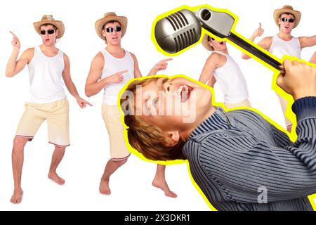 Singender Junge mit Mikrofon auf dem Rack auf dem Hintergrund des tanzenden Mannes in Hut und Shorts Stockfoto