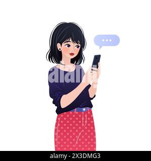 Die junge Frau steht und benutzt ihr Smartphone. Stock Vektor