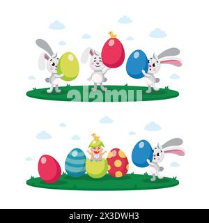 Frohe Ostern, Eierjagd flache Kinder Vektor Illustration, Komposition, Banner, Karte, Poster mit gemalt, dekorative Eier, Neugeborenes. Osterhase, Hase, Hase, saisonale Begrüßungsset Stock Vektor