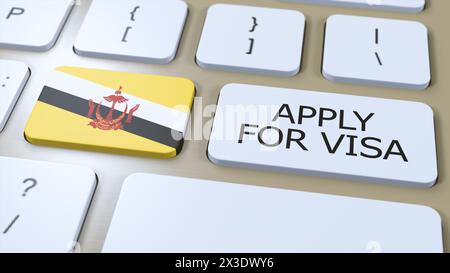 Brunei, beantragen Sie Visa-Konzept. 3D-Abbildung mit Taste drücken. Visum gilt für Land oder Regierung mit nationaler Flagge. Stockfoto
