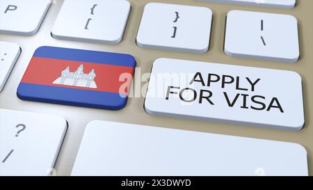Kambodscha, beantragen Sie Visa-Konzept. 3D-Abbildung mit Taste drücken. Visum gilt für Land oder Regierung mit nationaler Flagge. Stockfoto