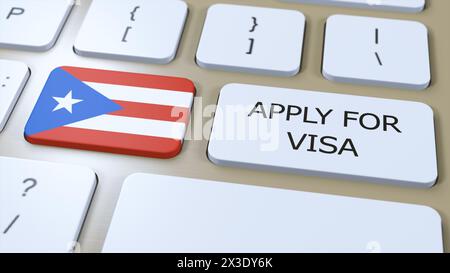 Puerto Rico, beantragen Sie das Visa-Konzept. 3D-Abbildung mit Taste drücken. Visum gilt für Land oder Regierung mit nationaler Flagge. Stockfoto