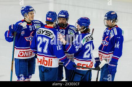 Die fünf U20-Elit Spieler des EHC Kloten #27 David Burri, #9 Gianluca Ogi, #23 Mark Sever, #24 Simon Meier und #13 Rafael Meier besprechen sich auf de Stockfoto