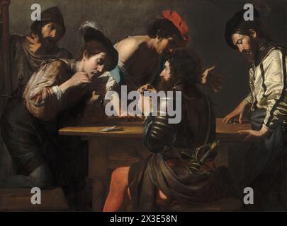 Soldiers Playing Cards and Dice (die Cheats), um 1618–1620, von Valentin de Boulogne. Valentin de Boulogne - Stockfoto