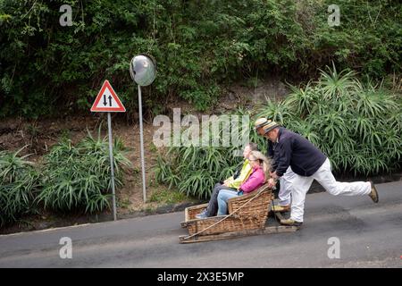 Touristenpassagiere fahren Funchals berühmte „Carreiros de Monte“-Rodelfahrt am 19. April 2024 in Funchal, Madeira, Portugal. (Erweiterter Titel unter „zusätzliche Informationen“). Stockfoto