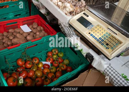 Die Waage auf einem Obst- und Gemüsestand auf dem Morgenmarkt in Mercado Dos Lavradores am 18. April 2024 in Funchal, Madeira, Portugal. Stockfoto