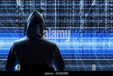 Mann mit Haube und Binärziffern Hintergrund Stockfoto