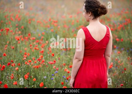 Lockige Frau in rotem Kleid steht auf blühendem rotem Mohn. Stockfoto