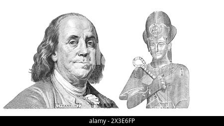 Benjamin Franklin kürzte die neue 100-Dollar-Banknote und Ramesses II. Die 50 Piaster der ägyptischen Banknote zu Designzwecken Stockfoto