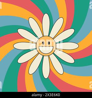 Grooviger Hintergrund mit lächelnder Gänseblümchenblume. Swirl Sunburst Rays Hintergrund. 70er Hippie-Retro-Style. Vektorabbildung Stock Vektor