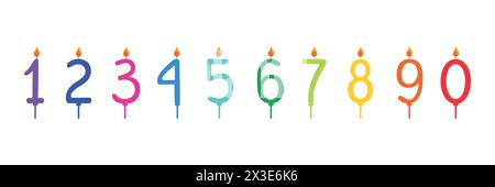 Happy Birthday Set Kerzennummern auf dunklem Hintergrund. Regenbogenfarben. Vorlagenpaket für Feiertage. Flacher STYLE. Vektorabbildung Stock Vektor
