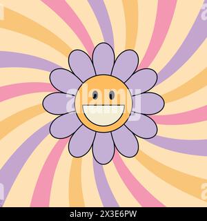Grooviger Hintergrund mit lächelnden Gänseblümchen und wirbelnden Sonnenstrahlen. 70er Hippie-Retro-Style. Vektorabbildung Stock Vektor