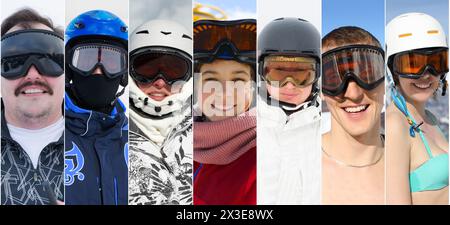 Sieben Gesichter glücklicher Kinder, Erwachsene in Skibrille und Helm im Winter, Collage Stockfoto