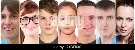 Sieben Gesichter glücklicher Kinder, Männer und Frauen, Collage Stockfoto