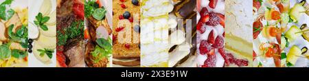 Verschiedene Mahlzeiten - Fleisch, Süßigkeiten, Salat, Dessert, Nahaufnahme, Collage Stockfoto