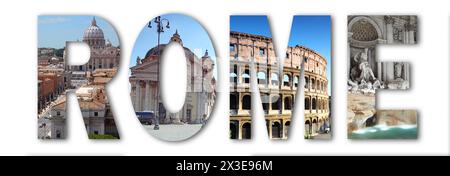 Collage mit römischen Buchstaben mit Piazza del Popolo, Kolosseum, Trevi-Brunnen, Petersdom Stockfoto