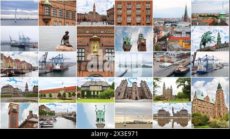 Collage mit Blick auf Kopenhagen (Dänemark) - kleine Meerjungfrau Statue, Frachtschiffe, Schloss Rosenborg, Denkmal für Bischof Absalon Stockfoto