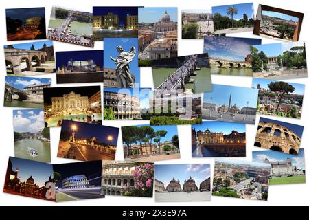 Collage mit römischen Buchstaben mit Kolosseum, Trevi-Brunnen, Petersdom, Sant Angelo Brücke, Vittoriano Stockfoto