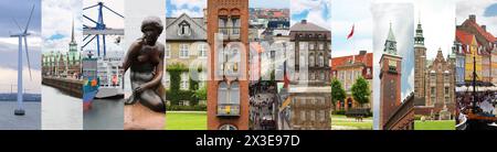 Collage mit Blick auf Kopenhagen (Dänemark) - kleine Meerjungfrau Statue, Frachtschiffe, Schloss Rosenborg Stockfoto