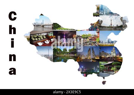 Karte von China mit Stadtansichten von Guangzhou und Shanghai, Collage Stockfoto