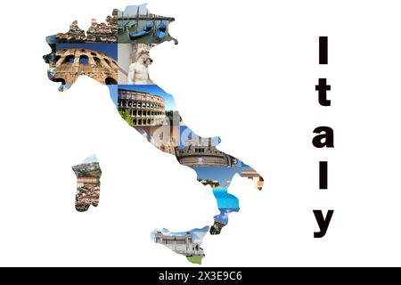 Collage mit Italien Karte mit Kalabrien, Kolosseum in Rom, venezianische Gondeln Stockfoto