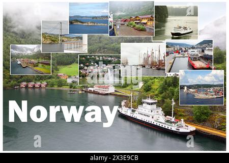 Collage mit Blick auf norwegische Fjorde - Berge, Schiffe, Küste Stockfoto