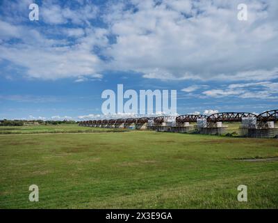 Landschaft und Baudenkmal, ehemalige innerdeutsche Grenze, bei Dömitz an der Elbe, alte Eisenbahnbrücke Dömitz in der Elbtalaue historische Infrastruktur *** Landschafts- und Baudenkmal, ehemalige innerdeutsche Grenze, bei Dömitz an der Elbe, alte Dömitz Eisenbahnbrücke in der Elbaue historische Infrastruktur Stockfoto