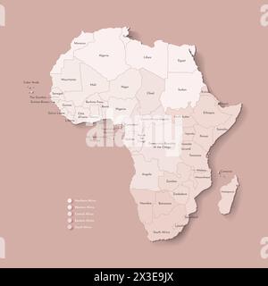 Vektor-Illustration mit afrikanischem Kontinent mit Grenzen aller staaten und Ländernamen. Politische Karte in Kamelbraun mit Mitte, Westen, Süden Stock Vektor