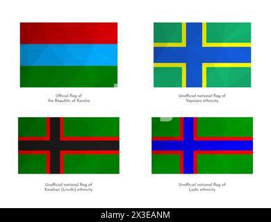 Vektor isoliert mit nationalen karelischen und inoffiziellen Ludian, Livwiki, Veps ethnischen Flaggen, das ist russische Region. Volumenschatten bei niedrigem Polwert Stock Vektor