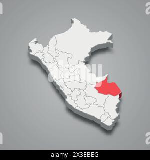 Die Abteilung Madre de Dios ist auf einer grauen 3D-Karte in Peru rot hervorgehoben Stock Vektor