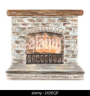 Brennender Kamin mit Mauerwerk und Holzregal. Handgezeichnete Aquarellillustration im Vintage-Stil. Symbol für gemütliches Zuhause, Details im Innenraum. Isolierte Vorlage f Stockfoto