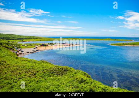 Russky Insel Antenne Panoramablick. Russky Island ist eine Insel aus Wladiwostok in Primorski Krai, Russland in der Peter der Große Golf, Meer von Japan. Stockfoto