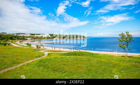 Russky Insel Antenne Panoramablick. Russky Island ist eine Insel aus Wladiwostok in Primorski Krai, Russland in der Peter der Große Golf, Meer von Japan. Stockfoto